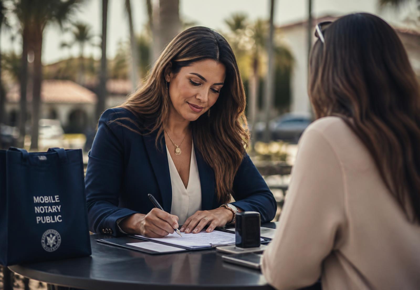 Mobile notary public reviewing and signing documents with a client in Kendall, Florida